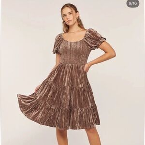 Chocolate gray bronze smocked velvet dress midi M boutique baltic born twirl